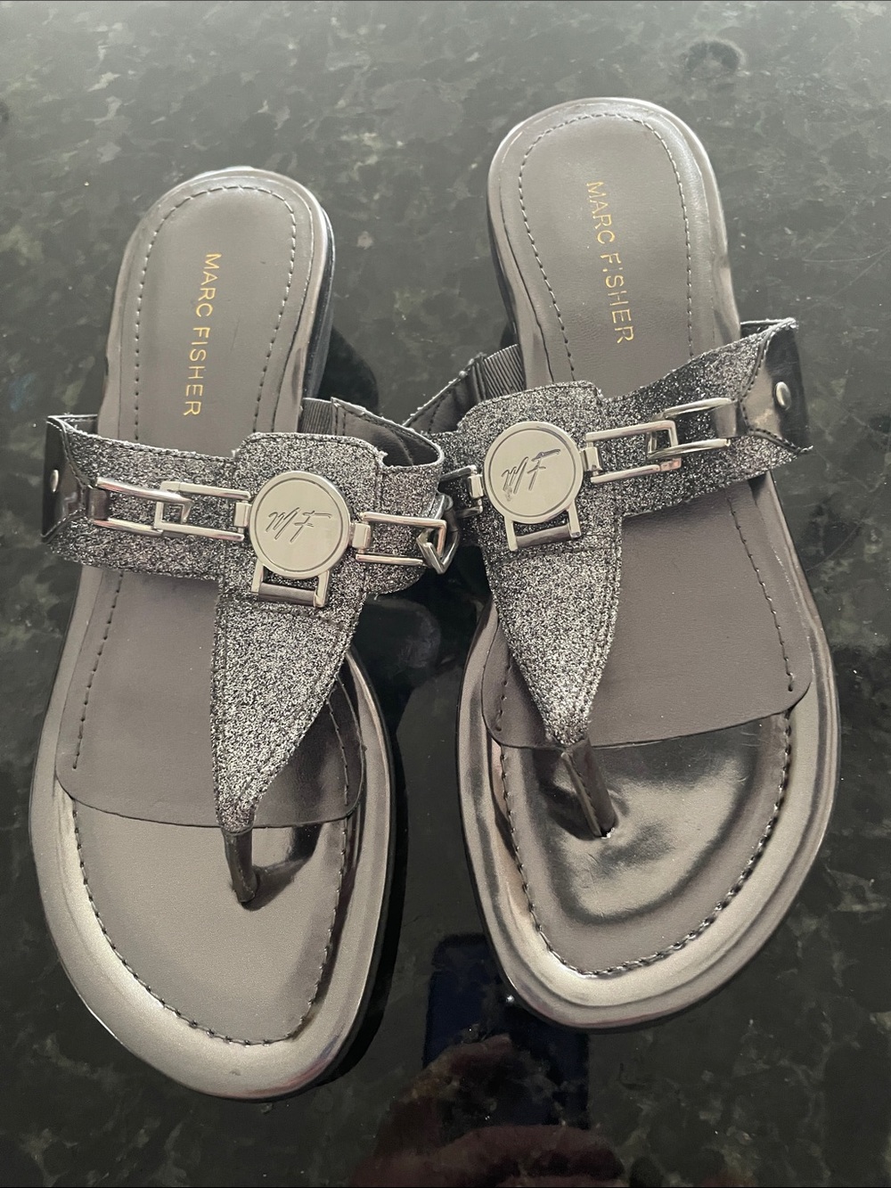 Marc Fisher Silver Glitter T-Strap Slide Sandals